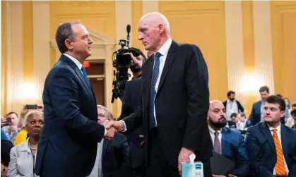  ?? Photograph: Doug Mills/EPA ?? Rusty Bowers shakes hands with Adam Schiff at a January 6 hearing in June.