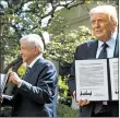  ?? JIM WATSON/GETTY-AFP ?? President Trump and Mexican leader Andres Manuel Lopez Obrador hold up a joint declaratio­n during a news conference Wednesday in the Rose Garden at the White House.