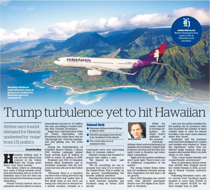  ??  ?? Hawaiian Airlines is celebratin­g four years of flying from Auckland to Honolulu and on to mainland US.