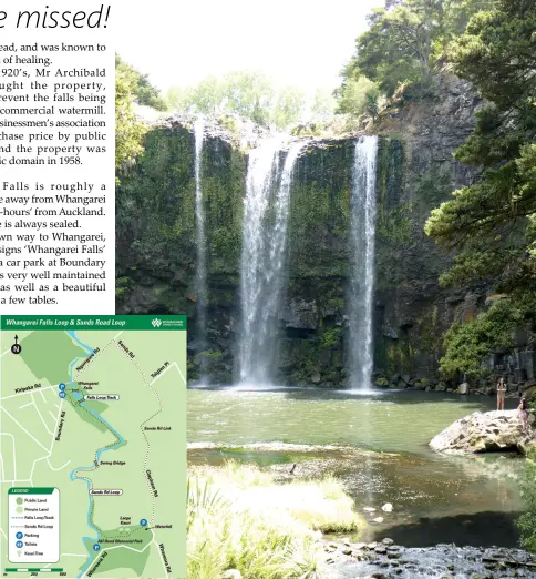  ??  ?? Opposite page above: The concrete bridge over the river above the falls. Left: The lookout from the carpark side. Above left: The track winds the bottom of the falls. Above right: The bridge at the bottom of the falls, Right: The height of the f a l l...