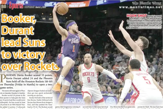  ?? PHOTO BY RICK SCUTERI/AP ?? HOOK SHOT
Phoenix Suns guard Devin Booker (1) shoots over Houston Rockets forward Dillon Brooks (9), center Alperen Sengun and guard Fred VanVleet (5) during the first half of an NBA basketball game, Thursday, Feb. 29, 2024, in Phoenix.