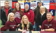  ?? Photo by Randy Moll ?? Amber Ellis, a Gentry senior (center), with her mom and dad, Jennifer and Mike Lundholm, brother Alex Ellis, sister Katie Ellis, Evangel soccer Coach Bruce Deaton, and brother and sister-in-law Jordan and Candace Lundholm, signed a soccer letter of...