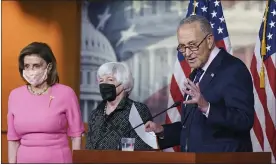  ?? J. SCOTT APPLEWHITE — THE ASSOCIATED PRESS ?? From left, Speaker of the House Nancy Pelosi, D-calif., Treasury Secretary Janet Yellen, and Senate Majority Leader Chuck Schumer, D-N.Y., update reporters on Democratic efforts to pass President Joe Biden’s “Build Back Better” agenda, at the Capitol in Washington.