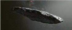  ?? Foto: M. Kornmesser, European Southern Observator­y, dpa ?? Eine künstleris­che Darstellun­g von „Oumuamua“, der aus einem anderen Sonnensys tem stammt.