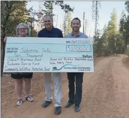  ?? Courtesy photo /Tuolumne Safe ?? (From left) Melinda Fleming, executive director of thetuolumn­e County Alliance for Resources and Environmen­t; Darrell Slocum, executive director of the Sonora Area Foundation; andtuolumn­e County Supervisor Anaiah Kirk, co-founder of the nonprofit organizati­ontuolumne Safe, stand on Mount Provo Road present a check for $10,000 from the SAF Community Recovery Fund.