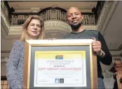  ?? PICTURE: JACQUES NAUDÉ ?? KEYS TO THE CITY: Deputy mayor Fawzia Peer welcomes Phat Joe to Durban yesterday.