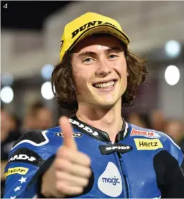  ??  ?? 1 Désormais coaché par
John Hopkins,
Joe Roberts a crevé l’écran lors de l’ouverture du championna­t Moto2 au Qatar. 2 Le team American Racing rassemblé autour du pilote californie­n après sa première pole position en Grands Prix. 3 John Hopkins en discussion avec Simon Crafar, ancien pilote lui aussi du team WCM, et Eitan Butbul, le boss de l’équipe américaine. 4 Joe Roberts, 22 ans, porte aujourd’hui à lui seul les espoirs de la relève US en GP.