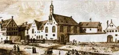  ??  ?? Badeszene vor dem Kloster St. Ursula. Die kleine Kirche gibt es noch, der Lechkanal fließt wie vor 350 Jahren daran vorbei.