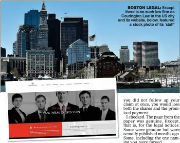  ??  ?? BOSTON LEGAL: Except there is no such law firm as Courington Law in the US city and its website, below, featured a stock photo of its ‘staff’