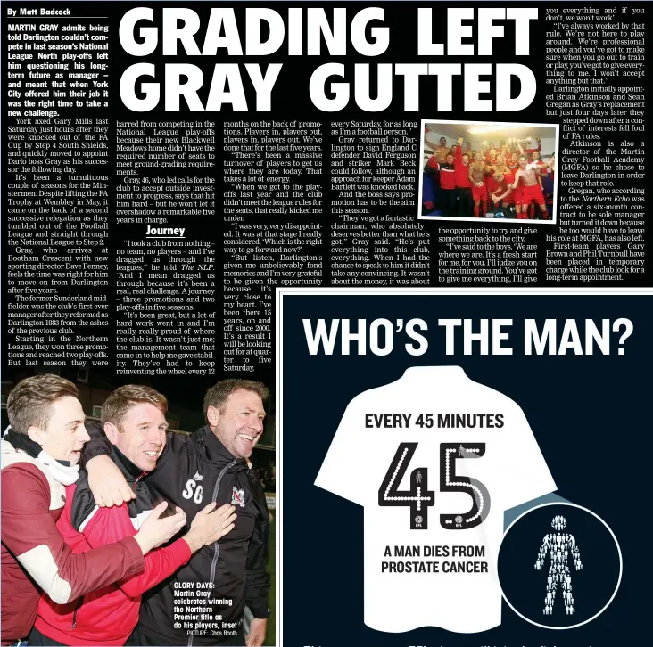  ?? PICTURE: Chris Booth ?? GLORY DAYS: Martin Gray celebrates winning the Northern Premier title as do his players, inset