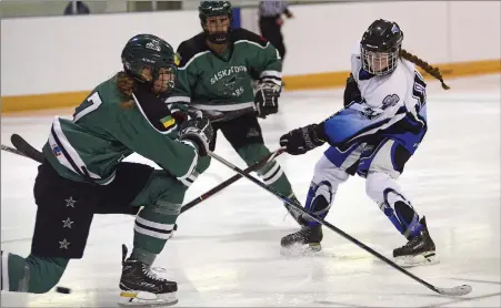  ?? STEVEN MAH/SOUTHWEST BOOSTER ?? Baylee Kirwan (right) fired a shot on net during the Swift Current Diamond Energy Wildcats’ 5-4 loss to the visiting Saskatoon Stars on Sunday.