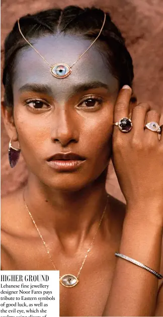  ??  ?? Clockwise, from top: Personalis­ed Eye necklace in yellow gold set with rock crystal, mother-of-pearl, an amethyst, sapphires, tsavorites and diamonds; Sahasrara ring in yellow gold set with moonstone and diamonds; Ajna ring in yellow gold set with moonstone, chalcedony, iolite and diamonds; Ajna bangle in grey gold set with blue enamel, sapphires, tanzanite and diamonds; Ajna pendant in grey gold set with blue enamel, rock crystal, mother-of-pearl, iolite, sapphires, tanzanite and diamonds; Sahasrara earring in yellow gold set with an amethyst and diamonds, all by Noor Fares