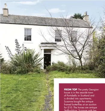  ??  ?? FROM TOP The pretty Georgian house is in the seaside town of Portobello in Scotland and is divided into apartments; Suzanne bought the antique framed butterflie­s at an auction for £10. The horses are antique Staffordsh­ire; Suzanne with her dog, Izzy. RIGHT Suzanne bought the grandfathe­r clock at an auction for £20, while the kilim runner was found on eBay.
