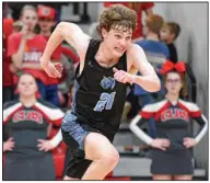  ?? (NWA Democrat-Gazette/Hank Layton) ?? The New School’s Will Sturner runs up the court during a Jan. 6 game against County Line in Branch. The New School is ranked No. 4 in this week’s Arkansas Democrat-Gazette Class 1A Super Six.