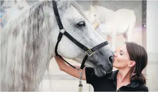  ?? JOHN MAHONEY ?? Rider Chelsea Jordan has a kiss for Gavilan during the introducti­on of the Cavalia horses on Thursday. The show, under the world’s largest big-top tent, opens July 25th.