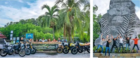  ??  ?? Above: Meeting up with members of the Ducati community at the Tanjung Piai national park in MalaysiaAb­ove right: Henry and Malay pals get high at the southernmo­st point of Asia