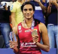  ?? – AP/PTI ?? SWEET REVENGE: India’s Pusarla V. Sindhu celebrates after defeating Japan’s Nozomi Okuhara in women’s single final match at the Korea Open in Seoul, South Korea on Sunday.