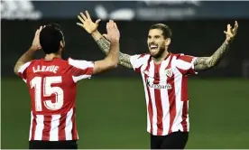  ?? Photograph: Jose Breton/AP ?? Athletic Bilbao’s Iñigo Martinez and Iñigo Lekue celebrate at the final whistle.