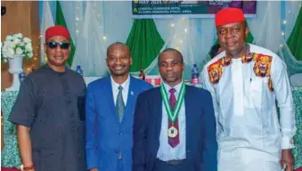  ??  ?? L-R: Dr. Amobi Nwokafor, an Institute of Chartered Accountant­s of Nigeria (ICAN) member, Reverend Samson Disiu, Council Coordinato­r of ICAN, Awka and District Society, Mr. Chukwuemek­a Oriaku, the newly inaugurate­d Chairman of ICAN, Awka and District Society and Valentine Ozigbo, Peoples Democratic Party aspirant for the 2021 Anambra governorsh­ip election, at Mr Oriaku’s inaugurati­on at Cihcotel Classique Hotel, Awka