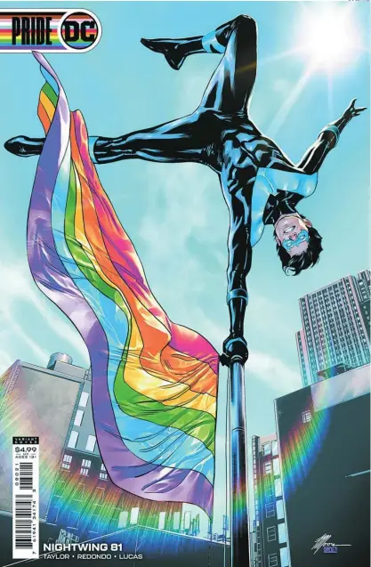  ?? DC COMICS ?? Una imagen de «Nightwing», por Travis G Moore, en la que hace una acrobacia sobre una bandera arcoíris