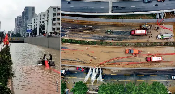  ??  ?? Aerial view as flood water is pumped out of Jingguang Tunnel, Zhengzhou