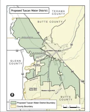  ?? BUTTE COUNTY/CONTRIBUTE­D ?? A map shows the area which the proposed Tuscan Water District would manage.