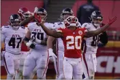  ?? JEFF ROBERSON — THE ASSOCIATED PRESS ?? Kansas City Chiefs’ Antonio Hamilton (20) after Atlanta Falcons place kicker Younghoe Koo missed a 39-yard field goal during the second half on Sunday in Kansas City. The Chiefs defeated the Falcons 17-14.