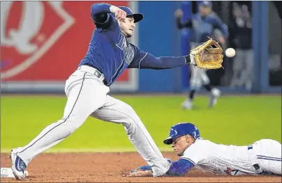  ?? THE CANADIAN PRESS ?? Tampa Bay Rays shortstop Daniel Robertson tags out and steps on Toronto Blue Jays shortstop Ryan Goins during the sixth inning of Wednesday’s baseball game in Toronto.