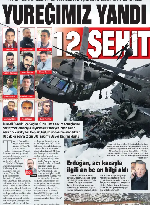  ??  ?? Kaza yerinden çekilen ilk fotoğraf olan bu kare İHA tarafından abonelerin­e servis edildi. Amerikan Sikorsky şirketinin imalatı S-70 Blackhawk 18 tam teçhizatlı asker taşıyabili­yor. 592 kilometre menzilli. Saatte 296 kilometre hıza çıkabilen S-70’ler 5...