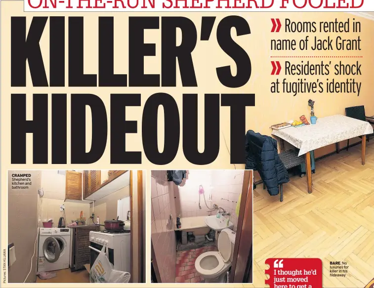  ??  ?? CRAMPED Shepherd’s kitchen and bathroom BARE No luxuries for killer in his hideaway