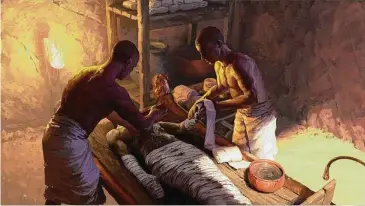  ?? Nikola Nevenov/Associated Press ?? This illustrati­on provided by Nikola Nevenov depicts an embalming process in an undergroun­d chamber in Saqqara, Egypt. For thousands of years, ancient Egyptians mummified their dead to help them reach eternal life. According to a study published Wednesday in the journal Nature, researcher­s have used chemistry and an unusual collection of jars to figure out how they did it.