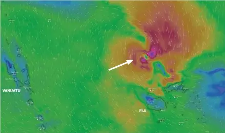  ?? Source: Windy.com ?? VANUATU FIJI The projected position of the tropical disturbanc­e at midday, Tuesday January 1, 2019.