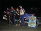  ?? RICK KEPNER - FOR MEDIANEWS GROUP ?? Top 3 finishers Ryan Watt, left, Matt Sheppard, second from left, and race winner Stewart Friesen, right, pose for a photo after the STSS feature at Georgetown (Del.) Speedway last weekend.