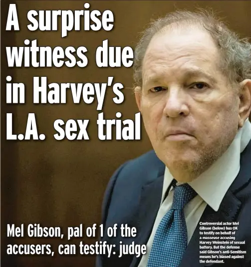  ?? ?? Controvers­ial actor Mel Gibson (below) has OK to testify on behalf of a masseuse accusing Harvey Weinstein of sexual battery. But the defense said Gibson’s anti-Semitism means he’s biased against the defendant.