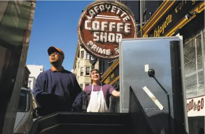  ?? Scott Strazzante / The Chronicle ?? Above: Stanley (left) and Gene Yang load a cooler from the defunct Lafayette Coffee Shop. Top: Breakfast at Eddie’s Cafe.