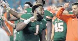 ?? MICHAEL LAUGHLIN /SUN SENTINEL
More UM coverage, 3C ?? Miami defensive tackle Nesta Jade Silvera has approached rehab to a foot injury with a positive mindset. He has a midseason return in mind.