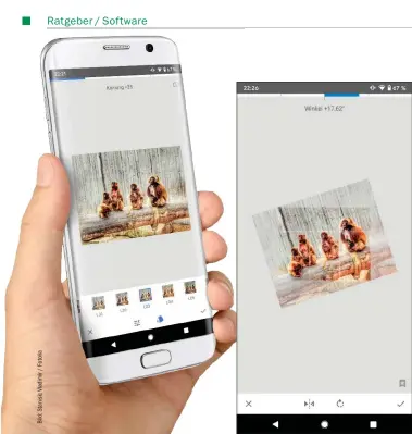  ??  ?? Der Filter „Körniger Film“verleiht Ihren Bildern einen gewissen Retro-look, der abhängig von der gewählten Körnung unterschie­dlich ausfällt.
Das Drehen-werkzeug wenden Sie entweder in 90-Grad-schritten oder auch frei an. Die zwei aufeinande­r gerichtete­n Pfeile spiegeln das Bild.