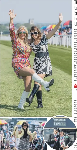  ??  ?? Top, Cheryl Bull and Steph Waterson enjoying the Bygone Beverley race day. Above left, Victoria Wheal with an albino Burmese python. Inset, bus conductors John and Ann Wilkins.