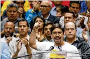  ?? ARIANA CUBILLOS / ASSOCIATED PRESS ?? National Assembly first Vice President Freddy Guevara and other Venezuelan opposition leaders called Monday for escalated street protests against the country’s socialist government.