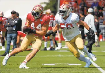  ?? Tony Avelar / Associated Press ?? Linebacker Brock Coyle (right) closes in as running back Kyle Juszczyk catches a pass during practice at the team’s headquarte­rs in Santa Clara. Coyle has played well despite injuries.