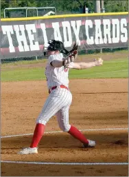  ?? Mark Humphrey/Enterprise-Leader ?? Farmington senior pitcher Kamryn Uher led the Lady Cardinals to an 11-5 nonconfere­nce victory over Class 6A Bentonvill­e West on Monday, April 10 at Randy Osnes Field. Uher allowed five runs on nine hits over seven innings. She struck out two and issued a pair of walks while earning the win.