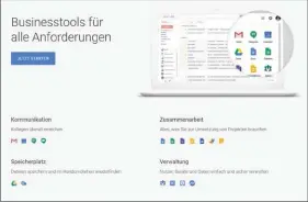  ??  ?? Google bietet mit seiner G Suite ein ganzes Toolset für Office-Aufgaben an. Dreh- und Angelpunkt für den Austausch von Dokumenten und Inhalten bildet der Cloud-Speicher Google Drive.