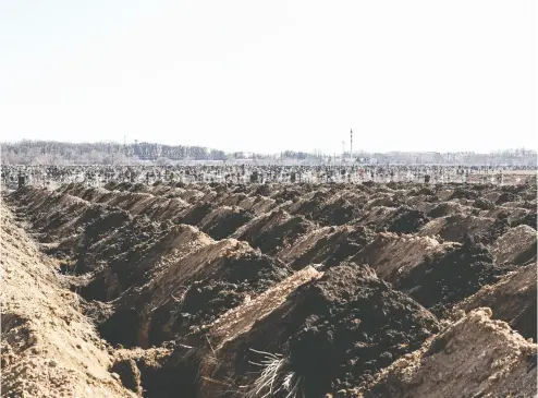  ?? JONATHAN ALPEYRIE / BLOOMBERG ?? Lines of pre-dug graves at a cemetery on the outskirts of Odesa, Ukraine, on Thursday.