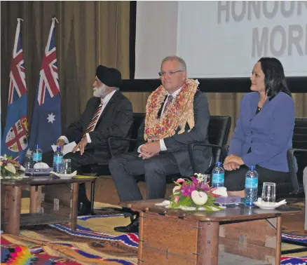  ?? Photo: Simione Haravanua ?? From left: Professor Pal Ahluwalia, Australian Prime Minister Scott Morrison, Minister for Education Rosy Akbar at the Japan ICT Centre at USP in Suva on January 18, 2019.