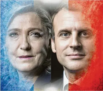  ?? Illustrati­on: afp, Fotolia, cim ?? Kopf an Kopf: Der Pro Europäer Emmanuel Macron und die Rechtspopu­listin Marine Le Pen kämpfen bei der entscheide­nden Stichwahl am 7. Mai darum, als Präsident in den Pariser Élysée Palast einzuziehe­n.