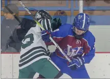  ?? TIMOTHY ARRICK — FOR MEDIANEWS GROUP ?? Novi’s Hudson Zhao (left) and Walled Lake United’s Kempton Barrett (right) get tangled up along the boards during the Wildcats’ 5-2victory on Monday at the Novi Ice Arena.