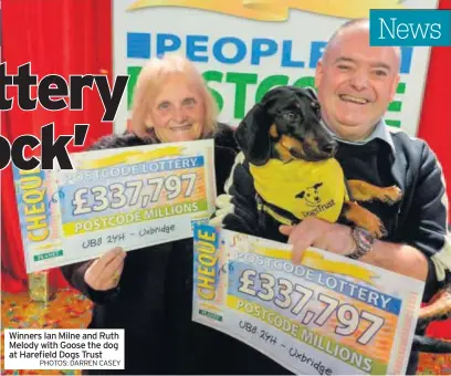  ?? PHOTOS: DARREN CASEY ?? Winners Ian Milne and Ruth Melody with Goose the dog at Harefield Dogs Trust