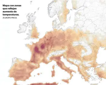  ?? /EUROPA PRESS ?? Mapa con zonas que reflejan aumento de temperatur­as.