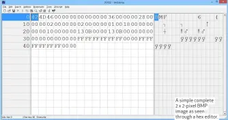  ??  ?? A simple complete 2 x 2-pixel BMP image as seen through a hex editor.