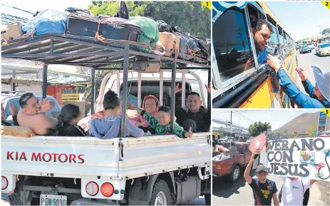  ?? FOTO: JOHNY MAGALLANES ?? 2 (1) Esta familia colocó como techo las maletas y emprendió el viaje hacia el sur del país. (2) Las autoridade­s tienen en la raya a los conductore­s con las pruebas de alcoholemi­a. (3) Con mensajes cristianos fueron despedidos los capitalino­s.